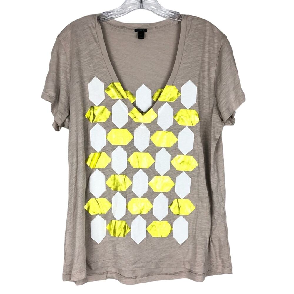 J. Crew Color Block V-Neck Top Size M Metallic Gold Foil Short Sleeve Modal